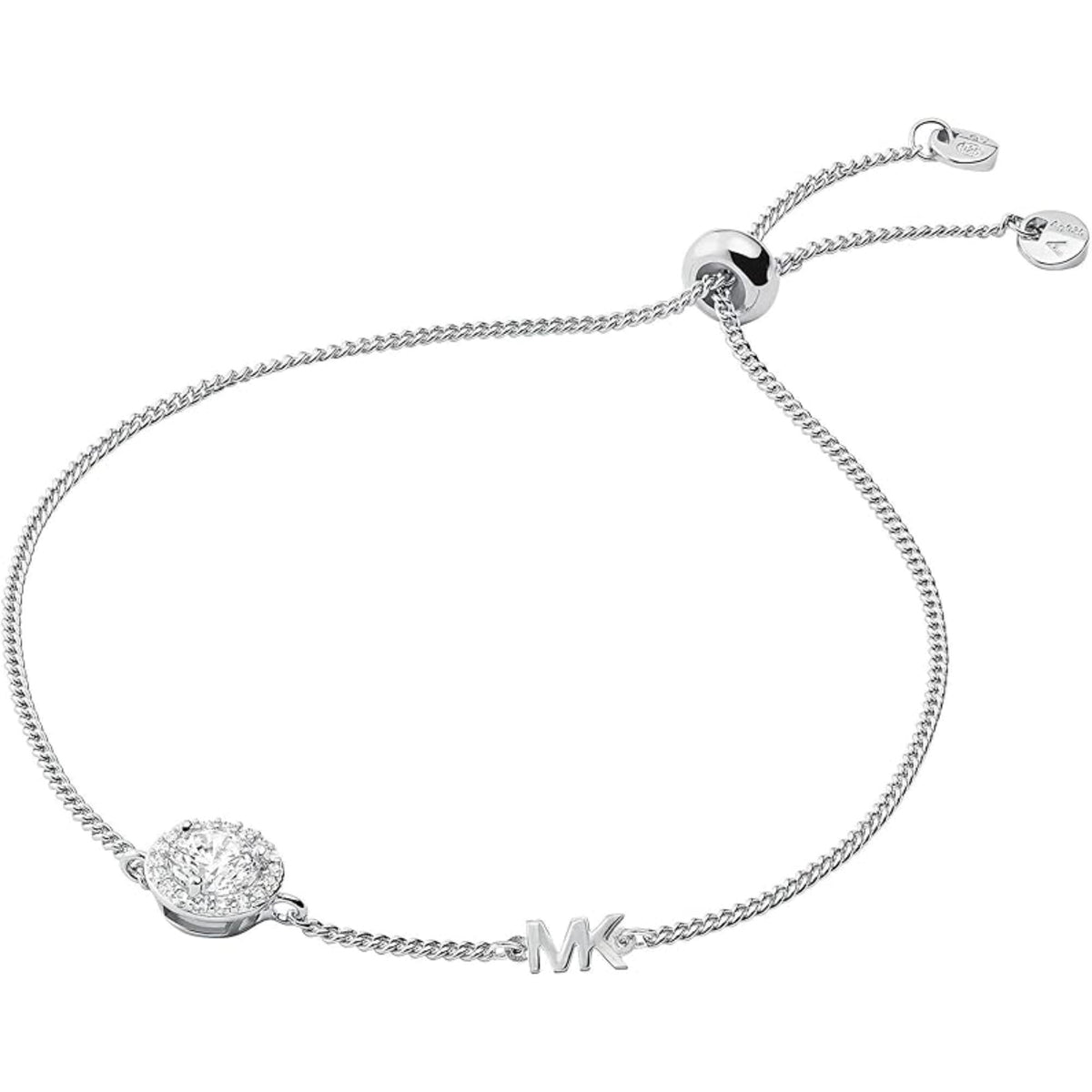 Michael Kors sterling silver slider bracelet with halo crystal charm and MK logo