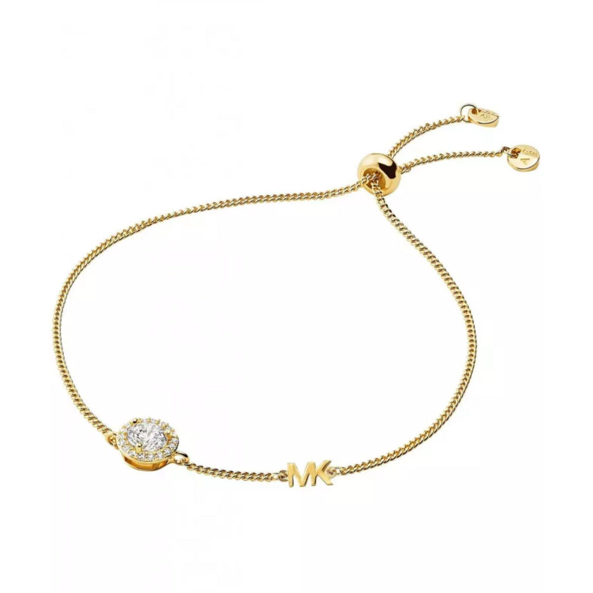 Gold-toned halo slider bracelet with round crystal centerpiece and M charm at center