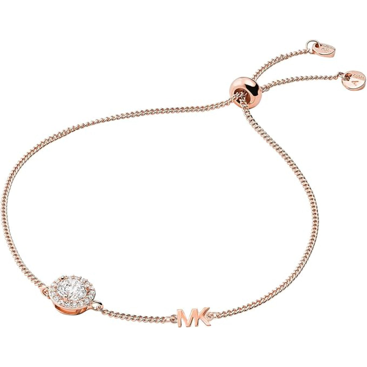 Rose-gold tone halo slider bracelet with round crystal accents and heart clasp