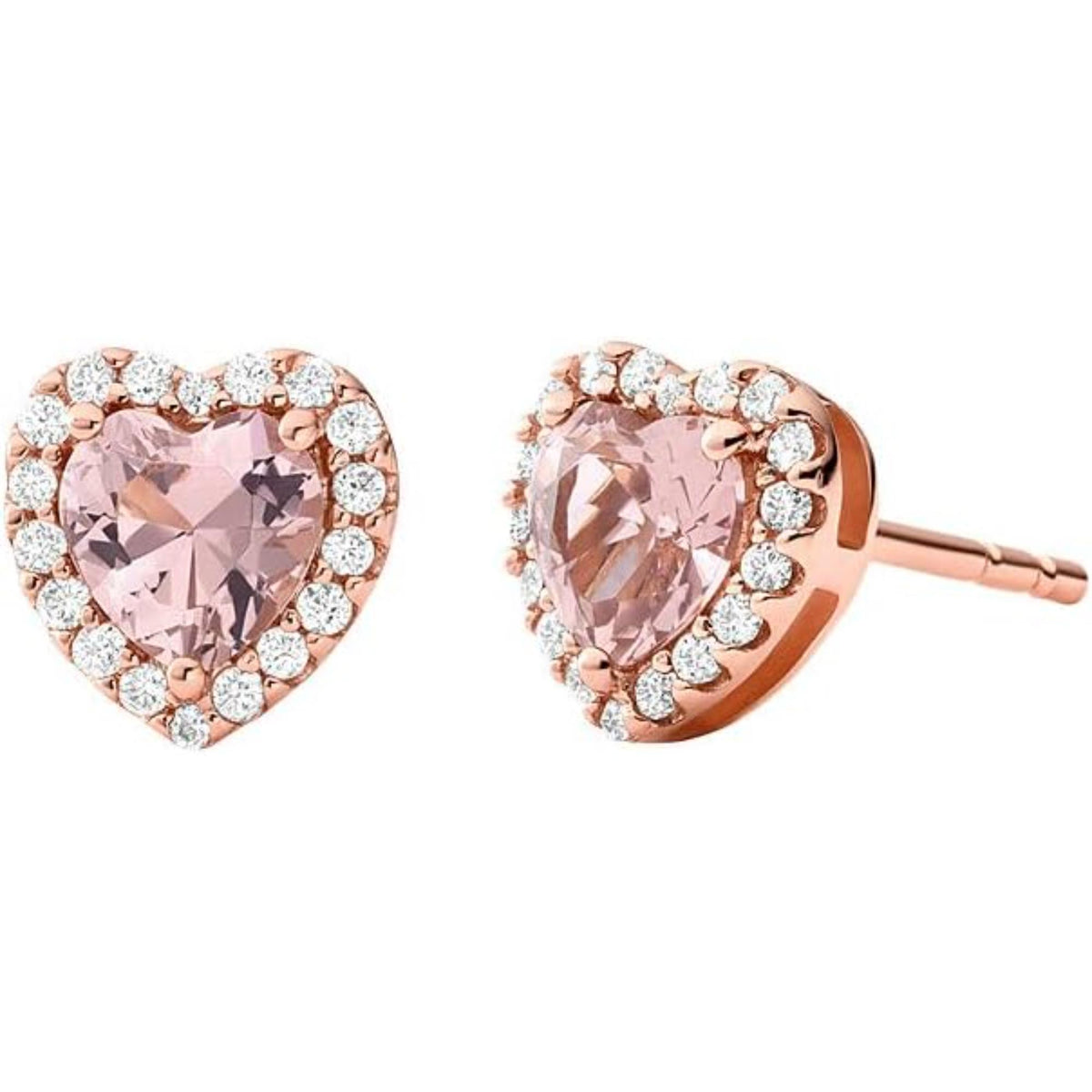 Rose gold heart stud earrings with faceted pink heart center and white crystal halo