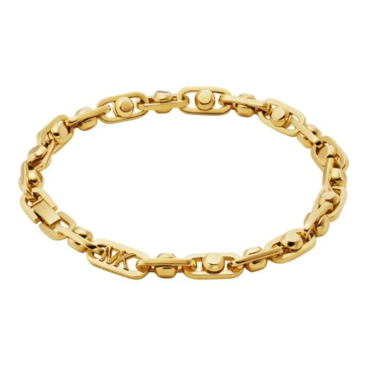 14K gold Astor link chain bracelet with center logo detail and rounded links