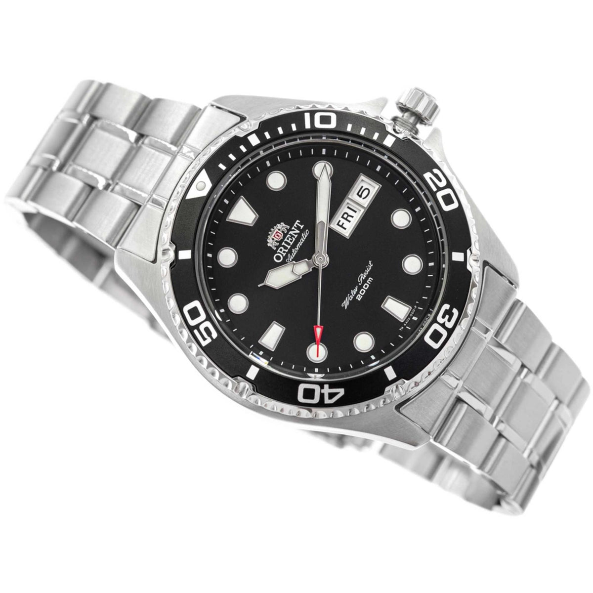 Stainless steel men's automatic diver watch with black dial and metal bracelet