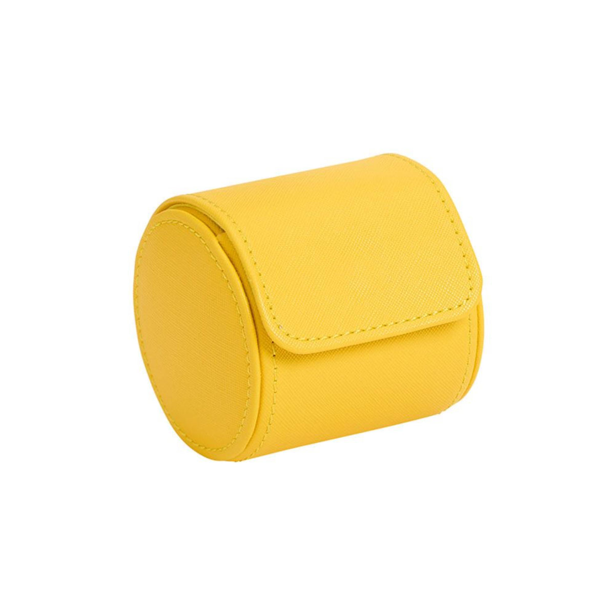 Yellow single watch roll case side view with rounded end and flap panel