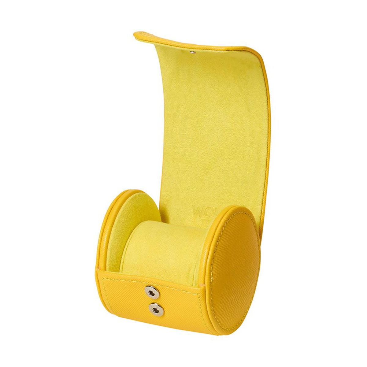 Yellow open watch roll case showing padded base and two strap loops