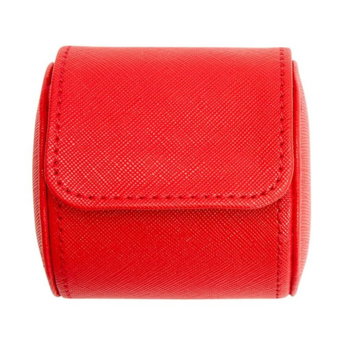 Red single watch roll front view with stitched pocket flap