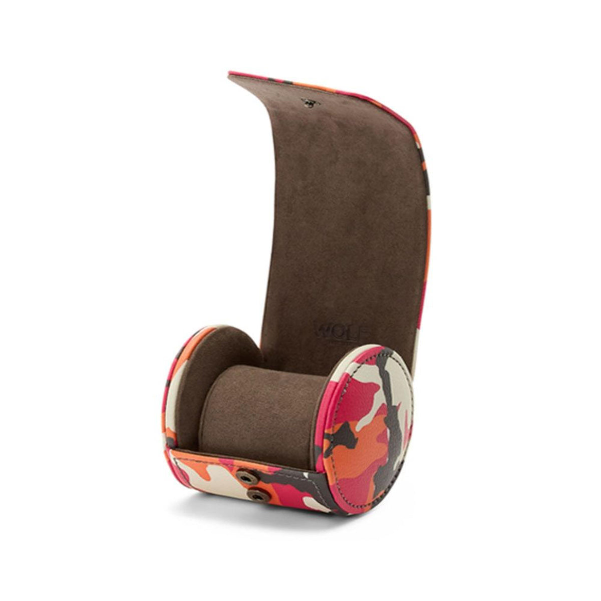Single watch roll opened view, dark inner lining visible with camo exterior and pink border