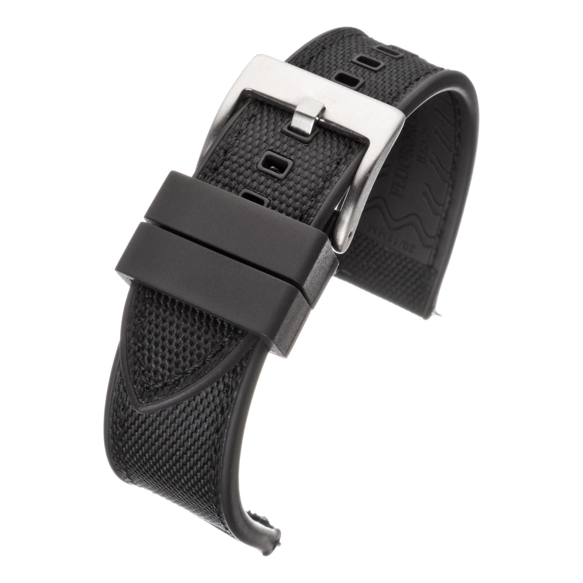 Black hybrid watch strap with textured weave and metal buckle, with matching keeper