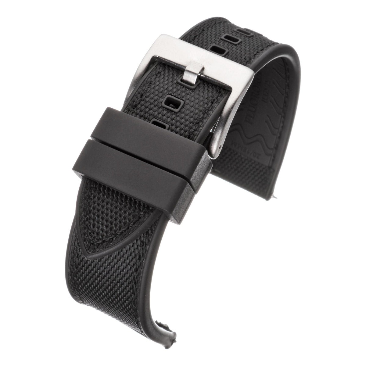 Black textured watch strap with silver buckle and black keeper strap