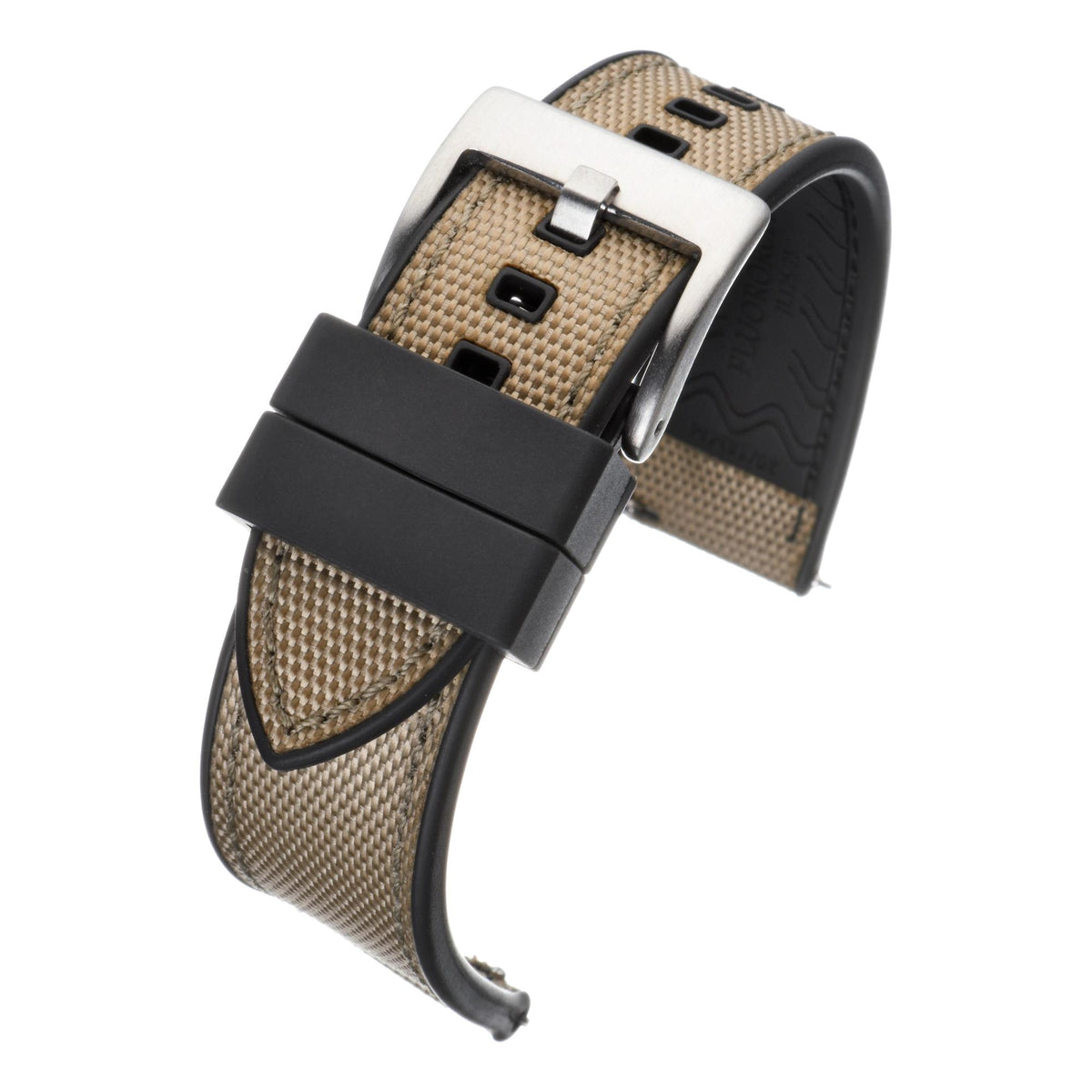 Cream and black woven watch strap with silver buckle and black keeper strap