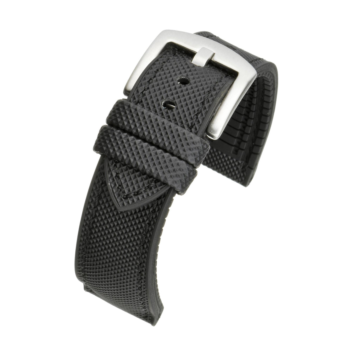 Black waterproof hybrid watch strap with silver buckle and gray keeper