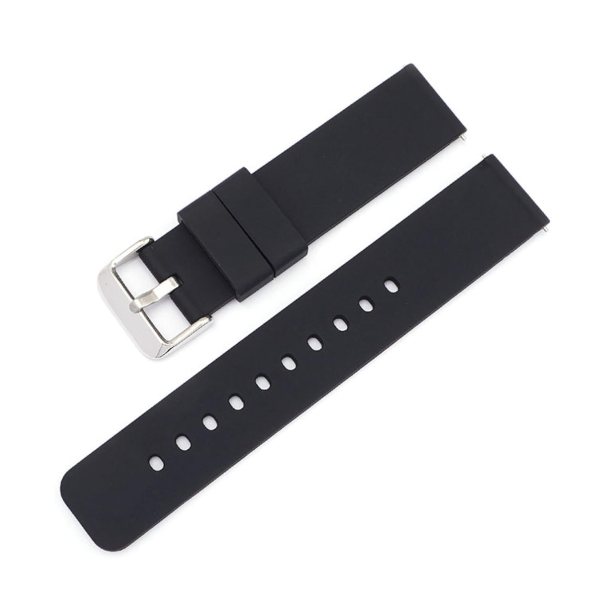 Black silicone watch band with silver pin-buckle and row of perforation holes