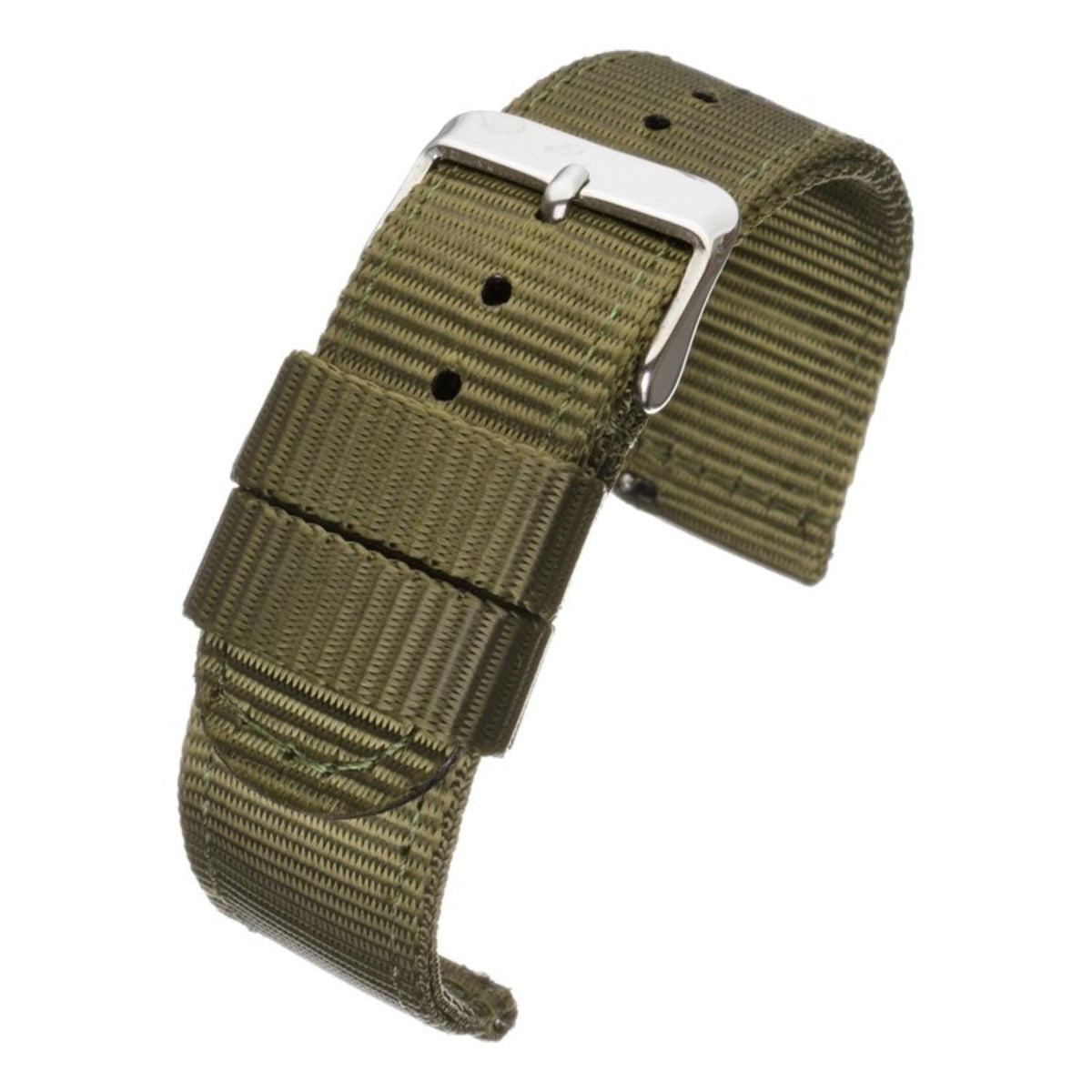 Army green nylon watch strap with metal buckle, stitched webbing, and keeper