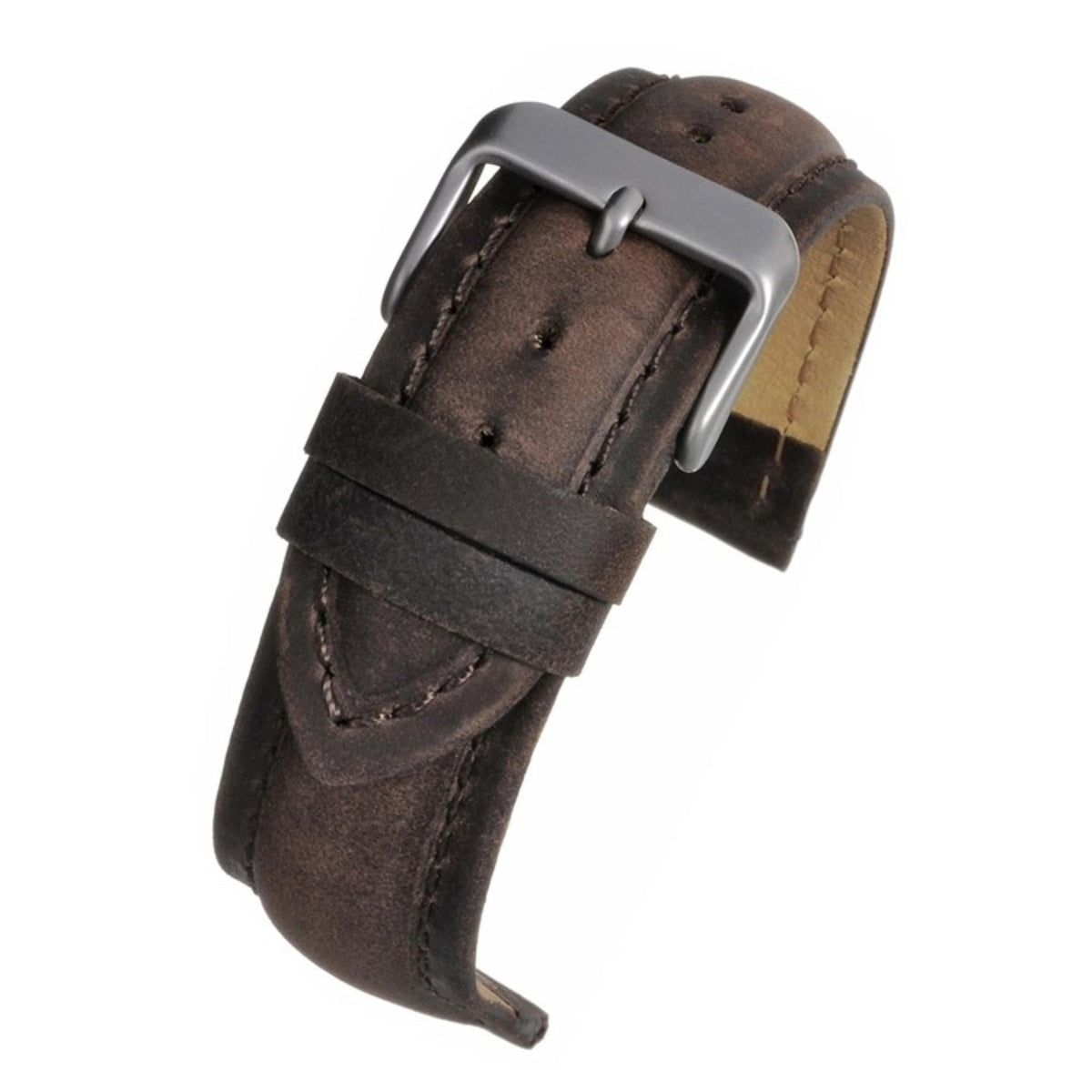 Dark brown padded leather watch strap with metal buckle and stitched keeper loop