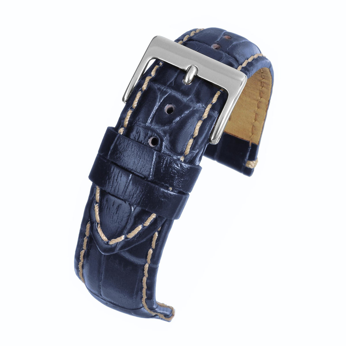 Blue padded leather watch strap, silver buckle and embossed stitched details