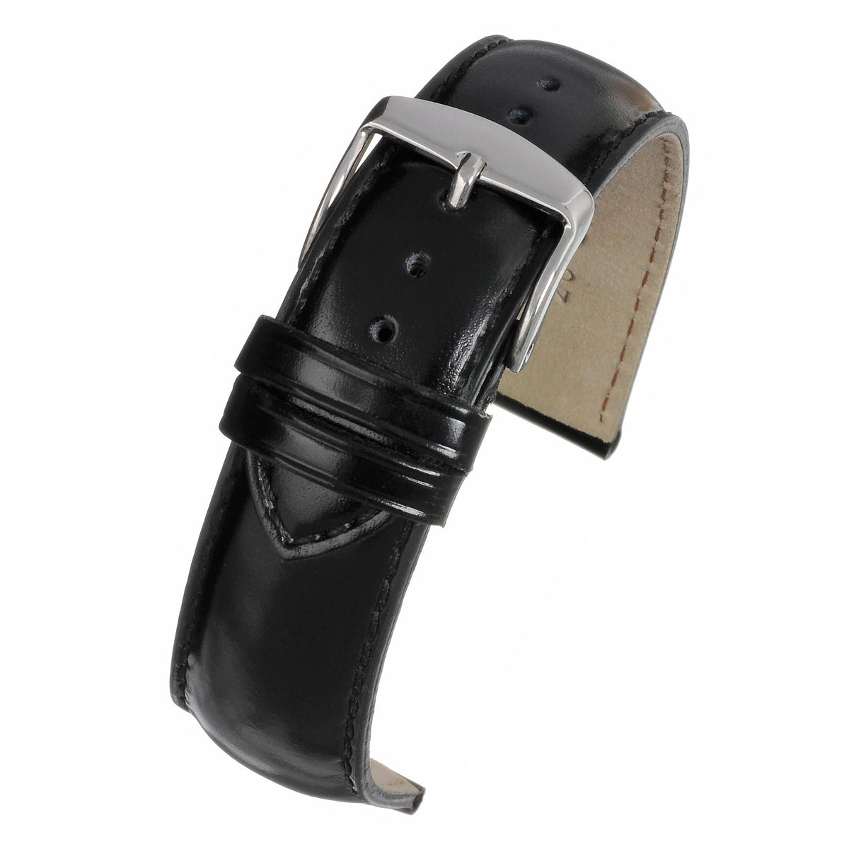 Gloss black leather watch band strap with silver buckle and two rows of adjustment holes