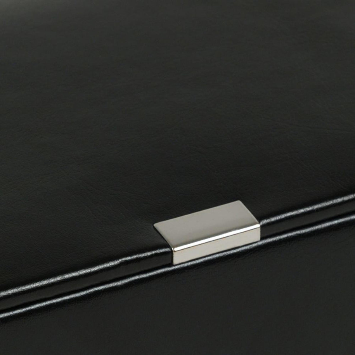 Black leather cufflink box with silver metal clasp