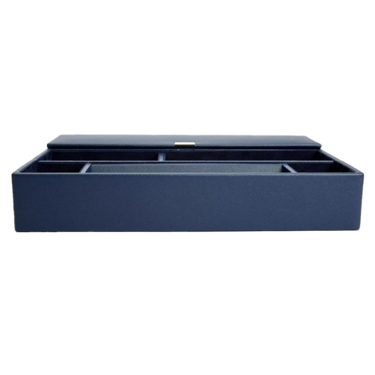 WOLF Heritage navy leather valet tray, flat lid with built-in organizer sections
