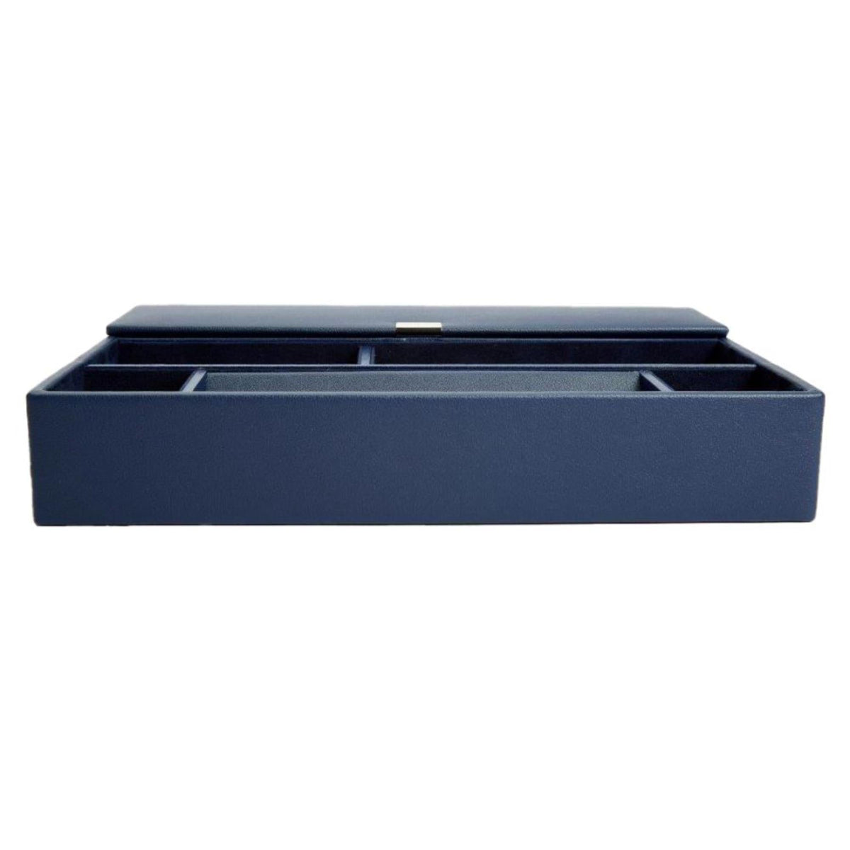 Navy leather valet tray with lid and multiple storage sections, WOLF Heritage