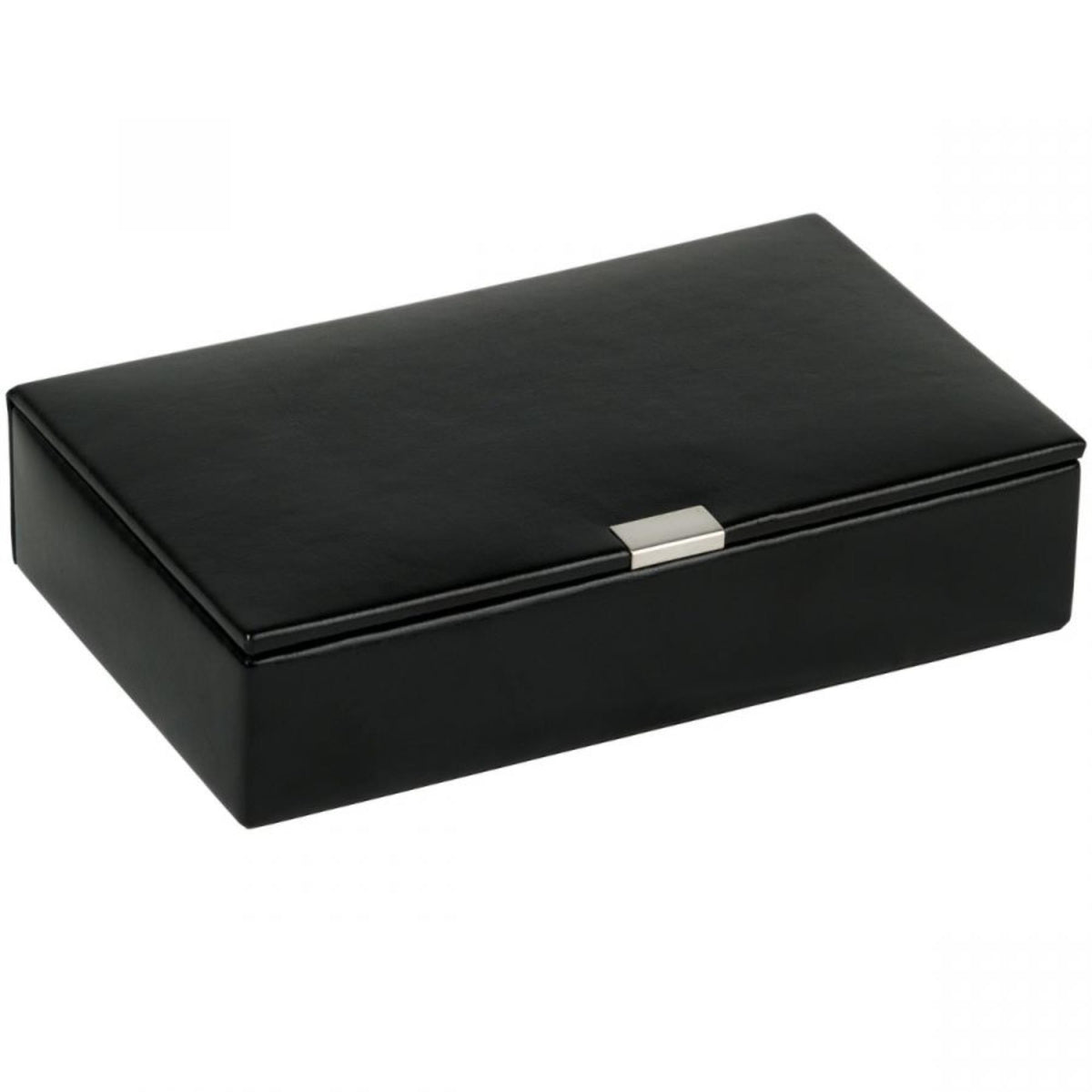 Black leather cufflink box angled view with silver center latch
