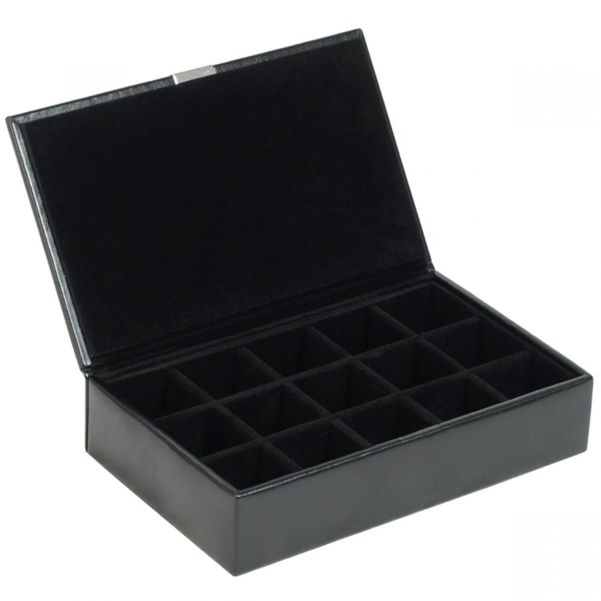Black cufflink box open with foam-lined compartments in grid