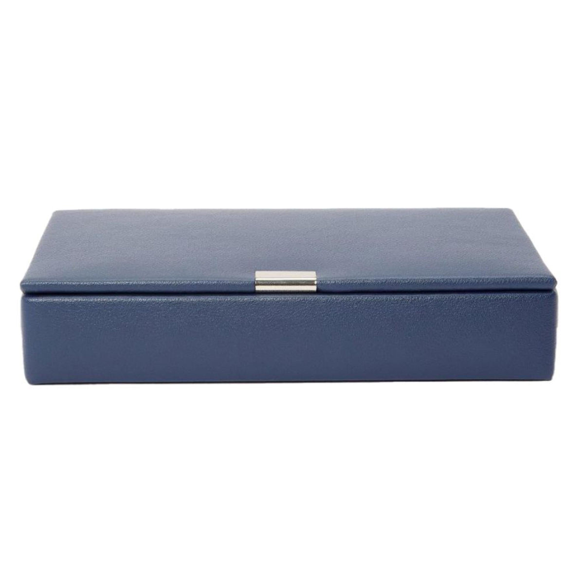Navy leather cufflink box with gold-tone clasp on the front lid