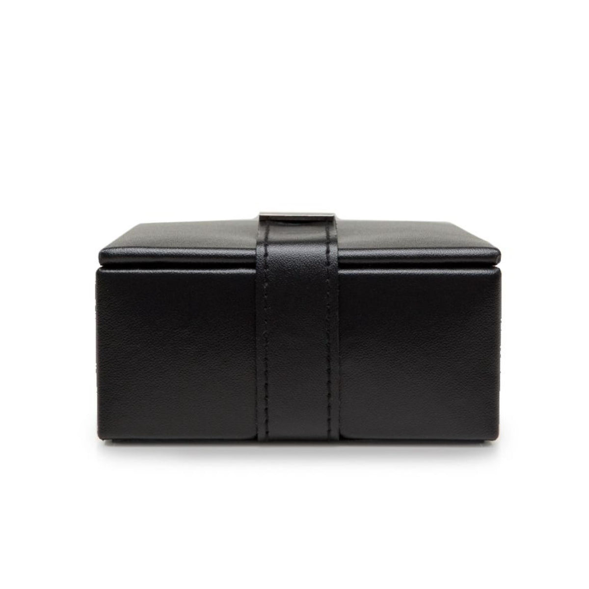 Black leather cufflink box, lid closed with central strap and stitching