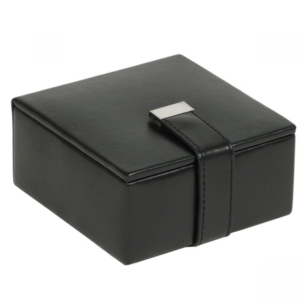 Black leather cufflink box with metal latch on the lid, angled view