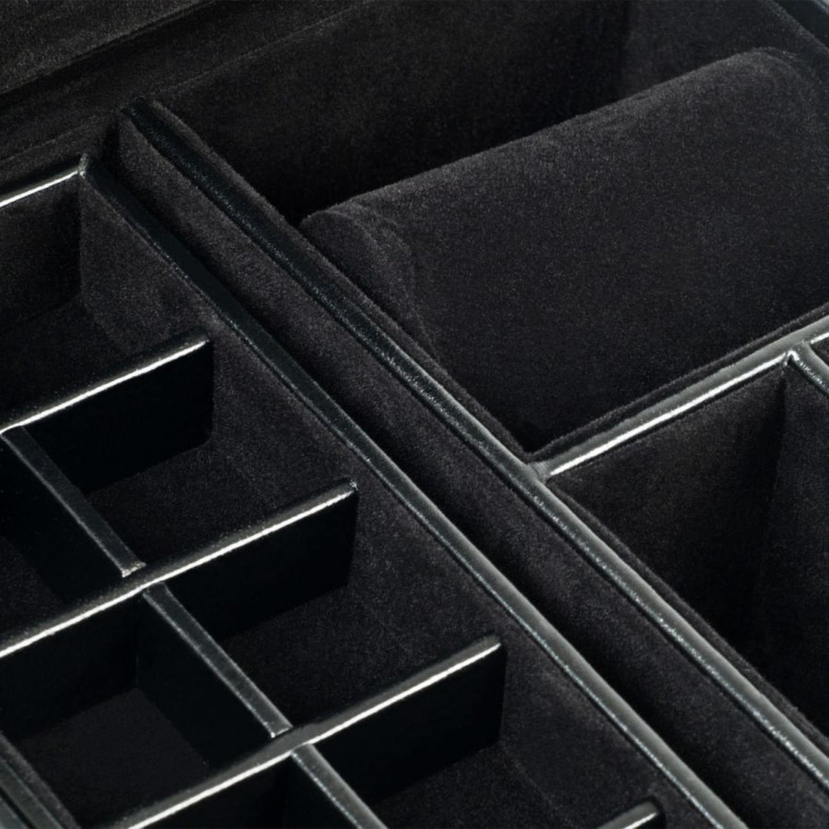 Black leather large valet case interior with stitched divider compartments