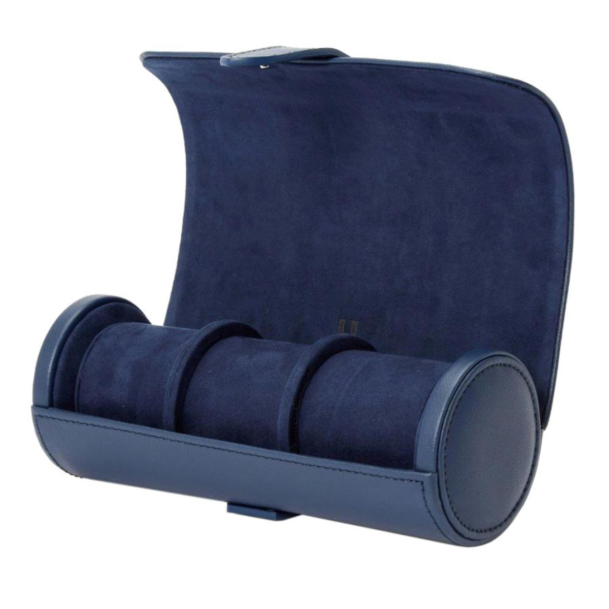 Opened navy leather watch roll showing padded compartments and back panel
