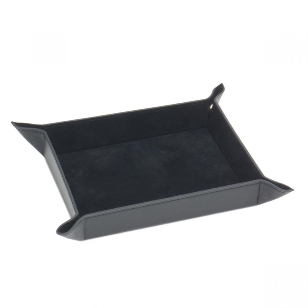 Black leather coin tray angled view showing interior lining and corner walls.