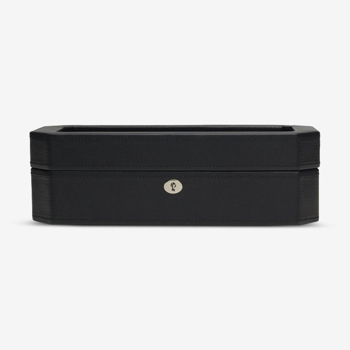 Compact black watch storage box with smooth lid and central clasp detail