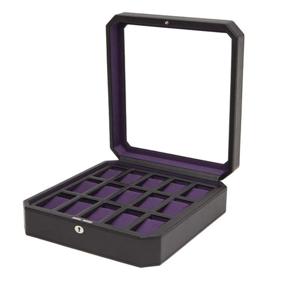 Black watch box open with purple cushion tray and raised lid frame