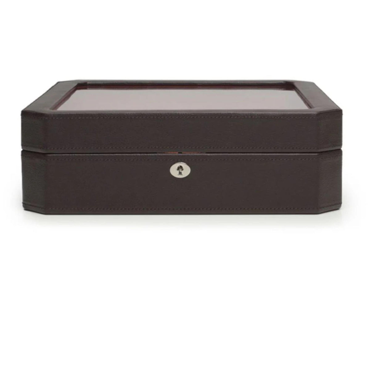 Dark brown watch box with clear top panel and round key lock on front