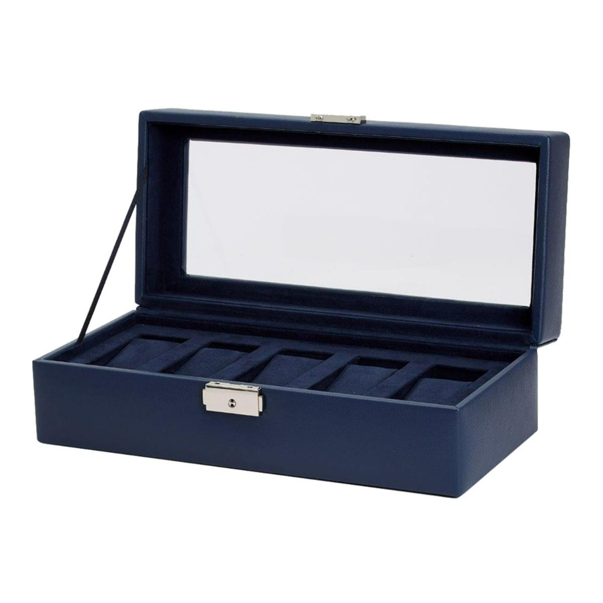 Open navy watch box with hinged lid and five fitted storage slots