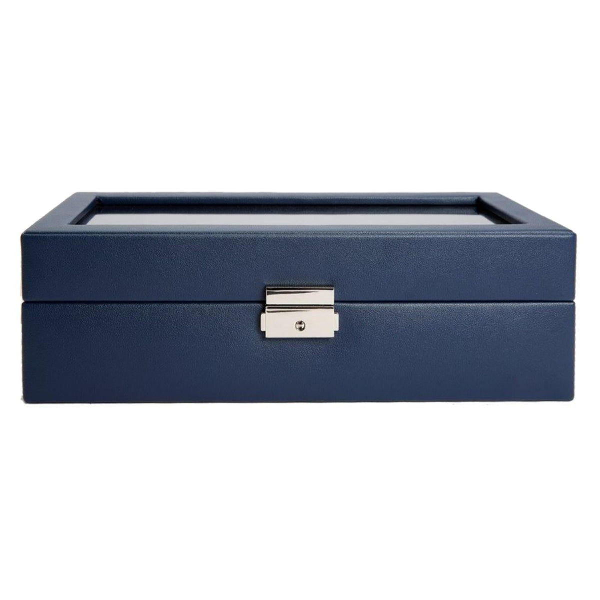Navy watch storage box with centered metal latch and hinged lid