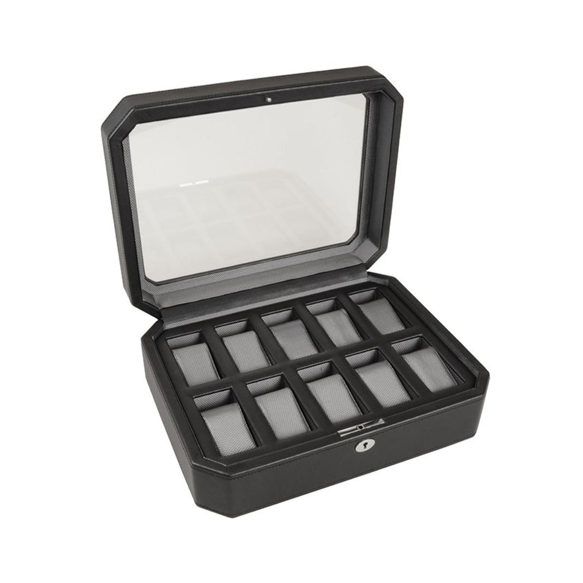 WOLF Windsor watch box open with padded dividers and hinged cover