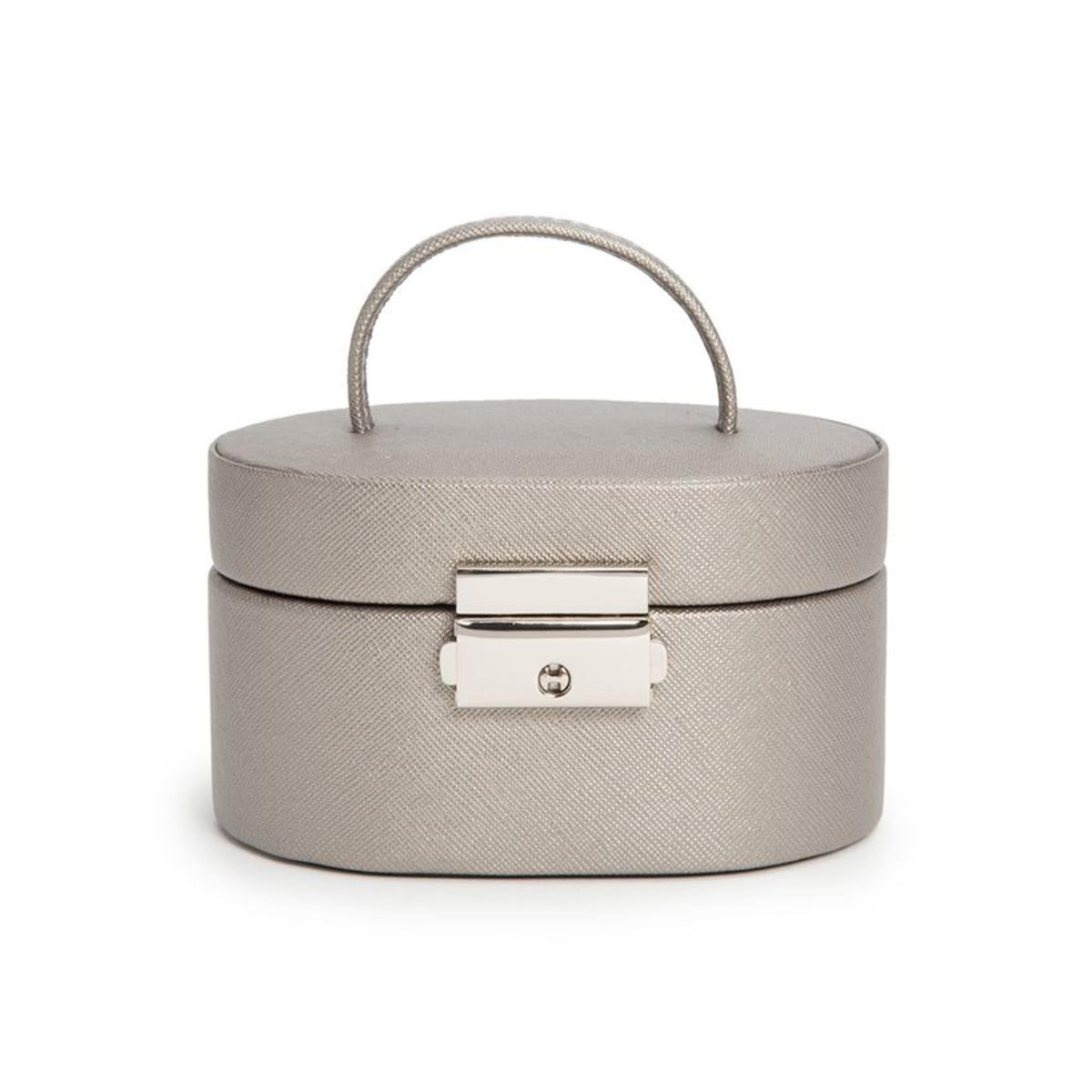 WOLF mini oval tan leather jewelry box with handle and front clasp, centered view