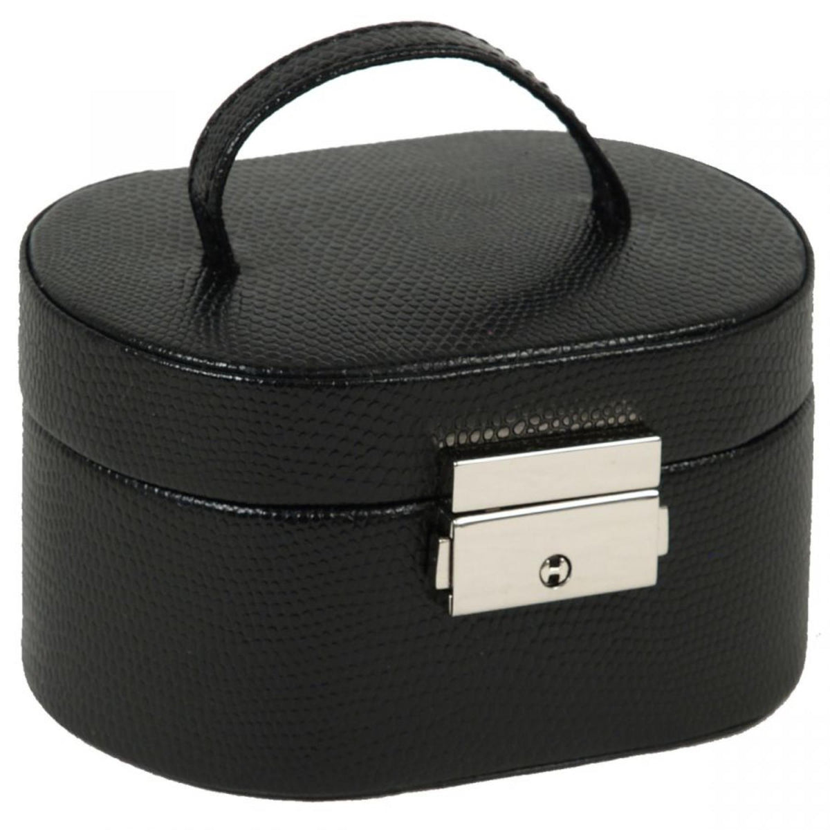 Black textured leather mini oval box with handle and silver-tone front latch, close-up