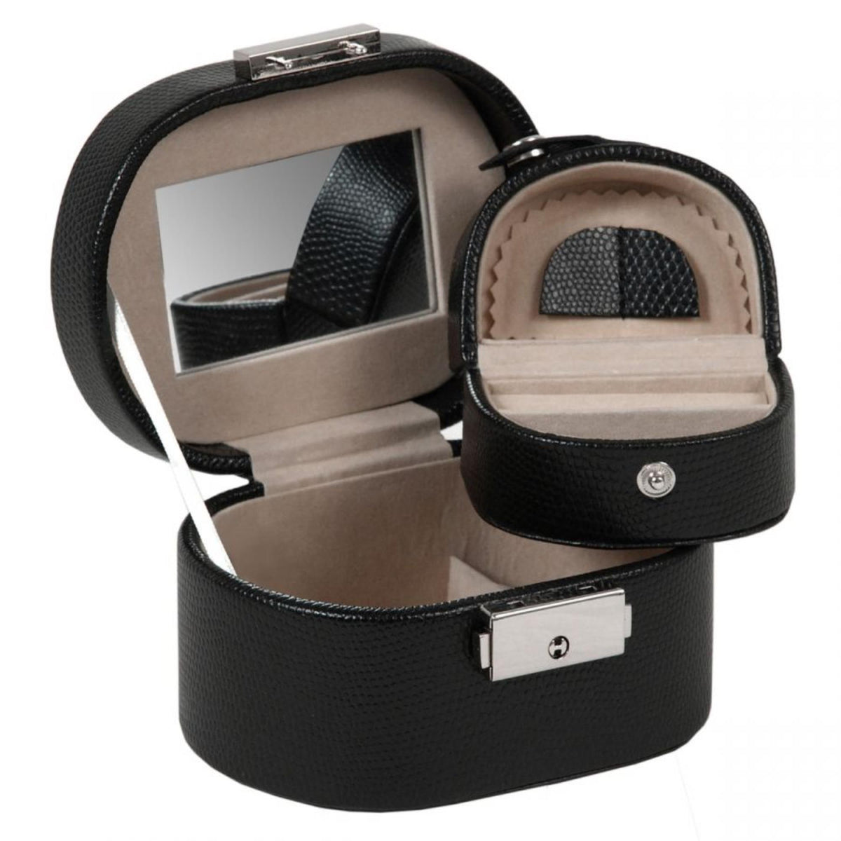 Black textured leather oval box open, beige lining, hinged lid and small front pocket