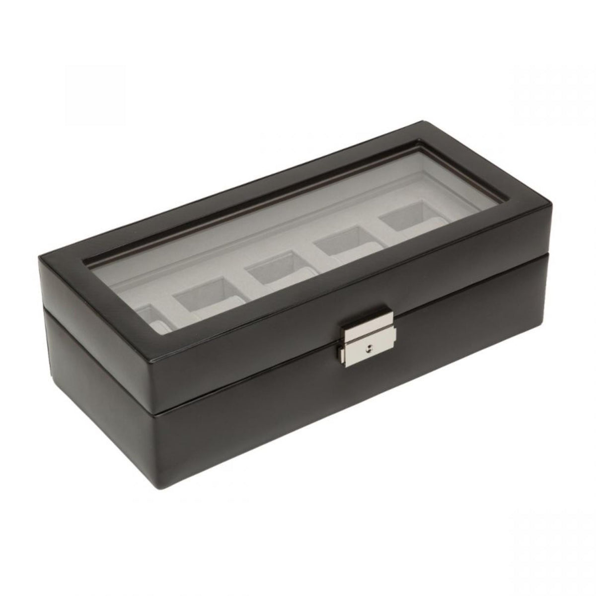 Black 5-slot watch box with clear lid window and front latch