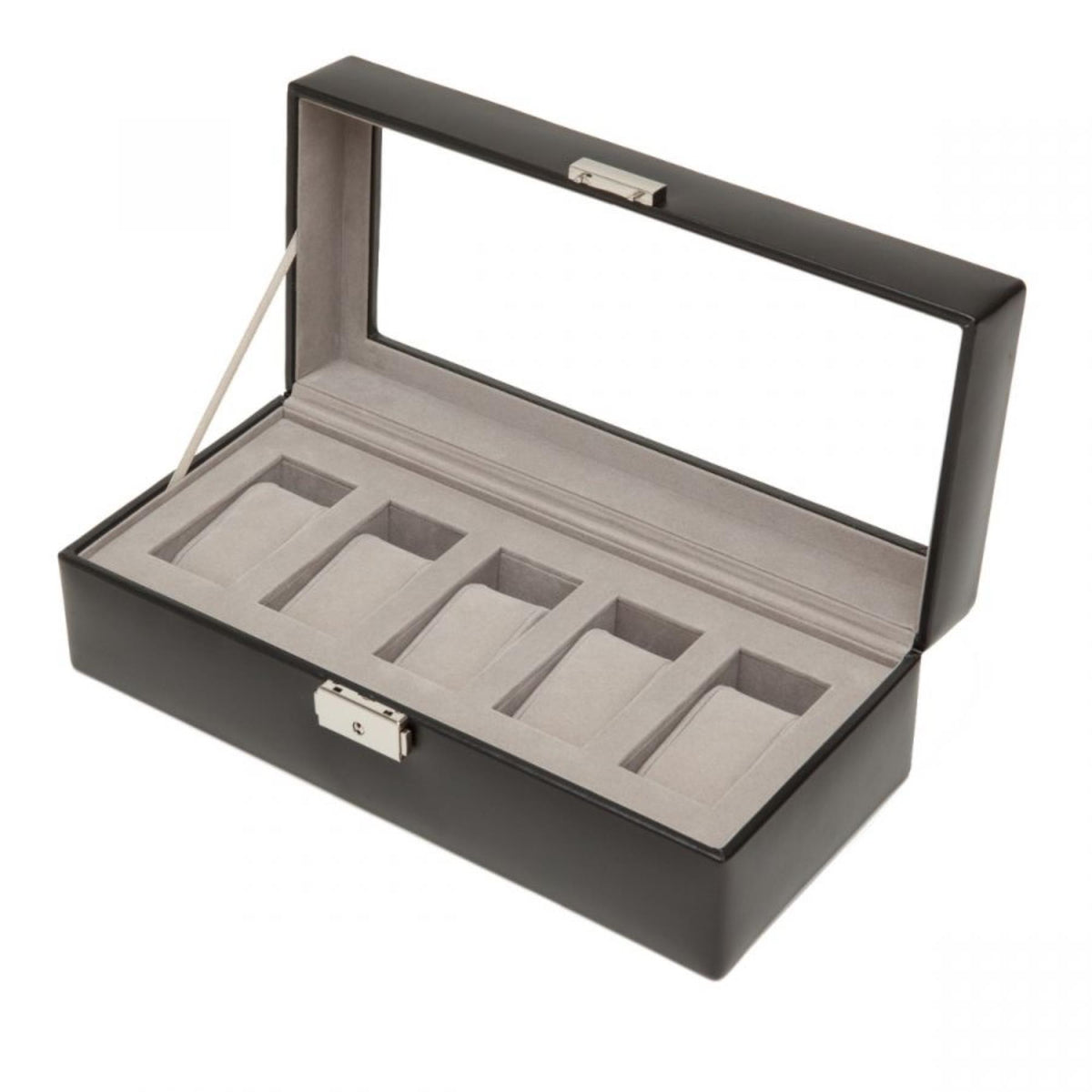 Open black watch box with five gray cushioned watch holders