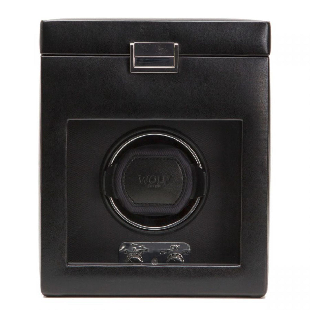 Black watch winder front panel with circular WOLF dial and metal latch