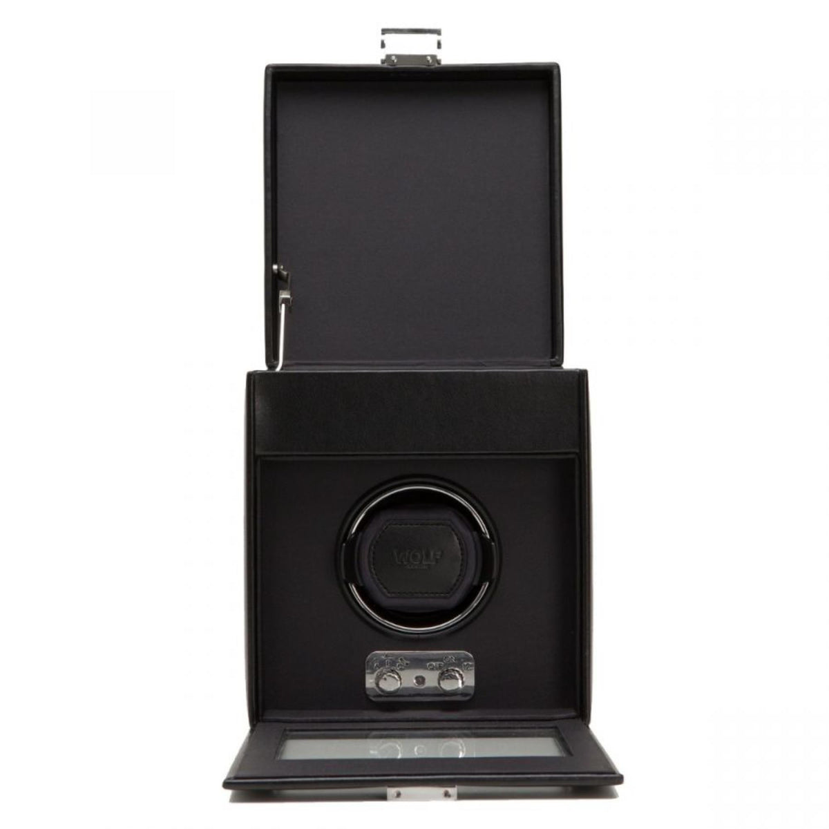 Black watch winder with storage open, lid raised, circular compartment and controls