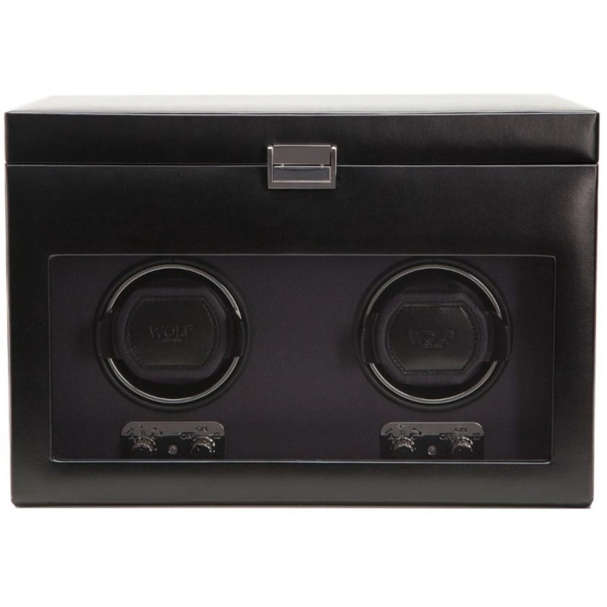 Black leather double watch winder with storage, square front window and two winding dials