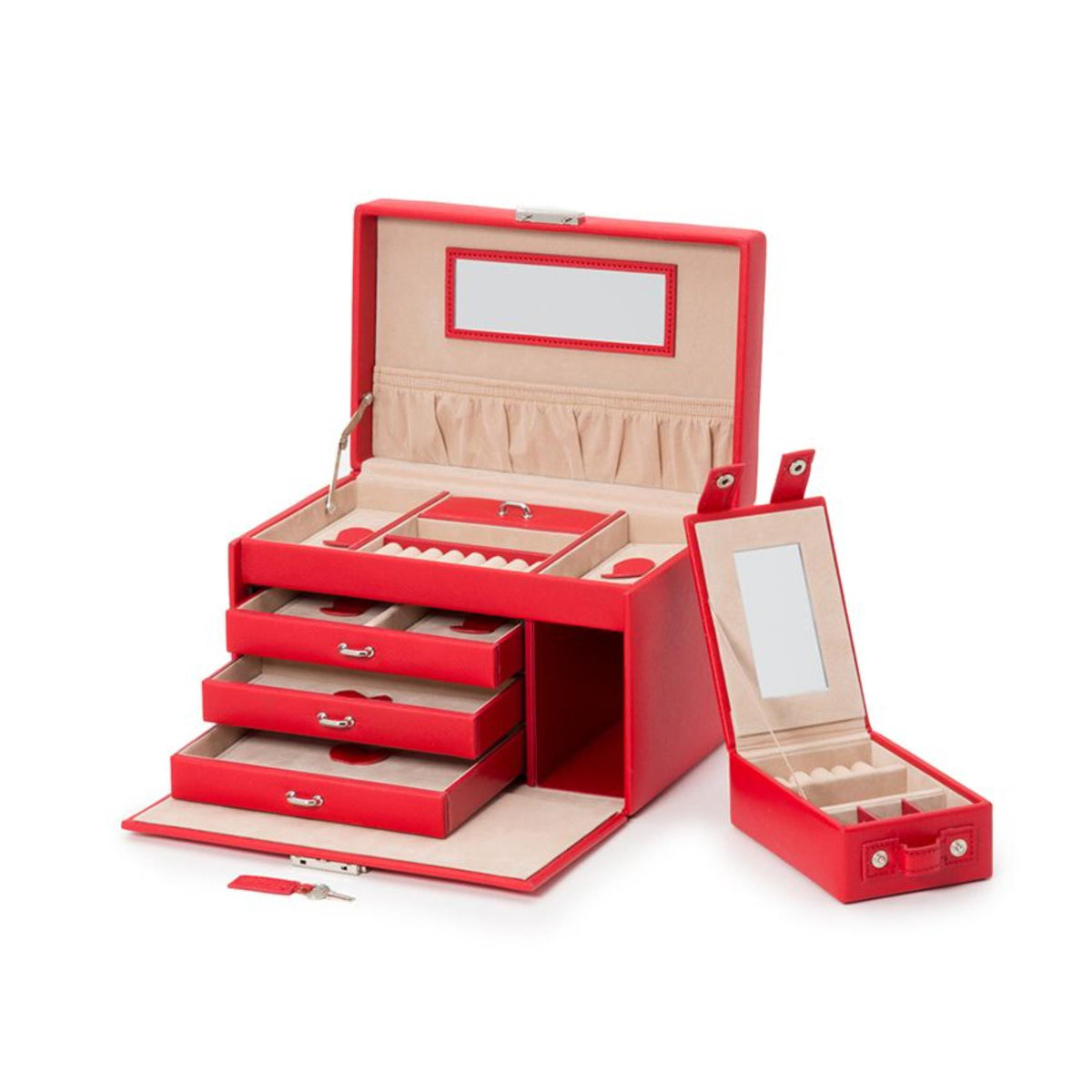 Small red leather jewelry box open showing ring trays, drawers, and side holder