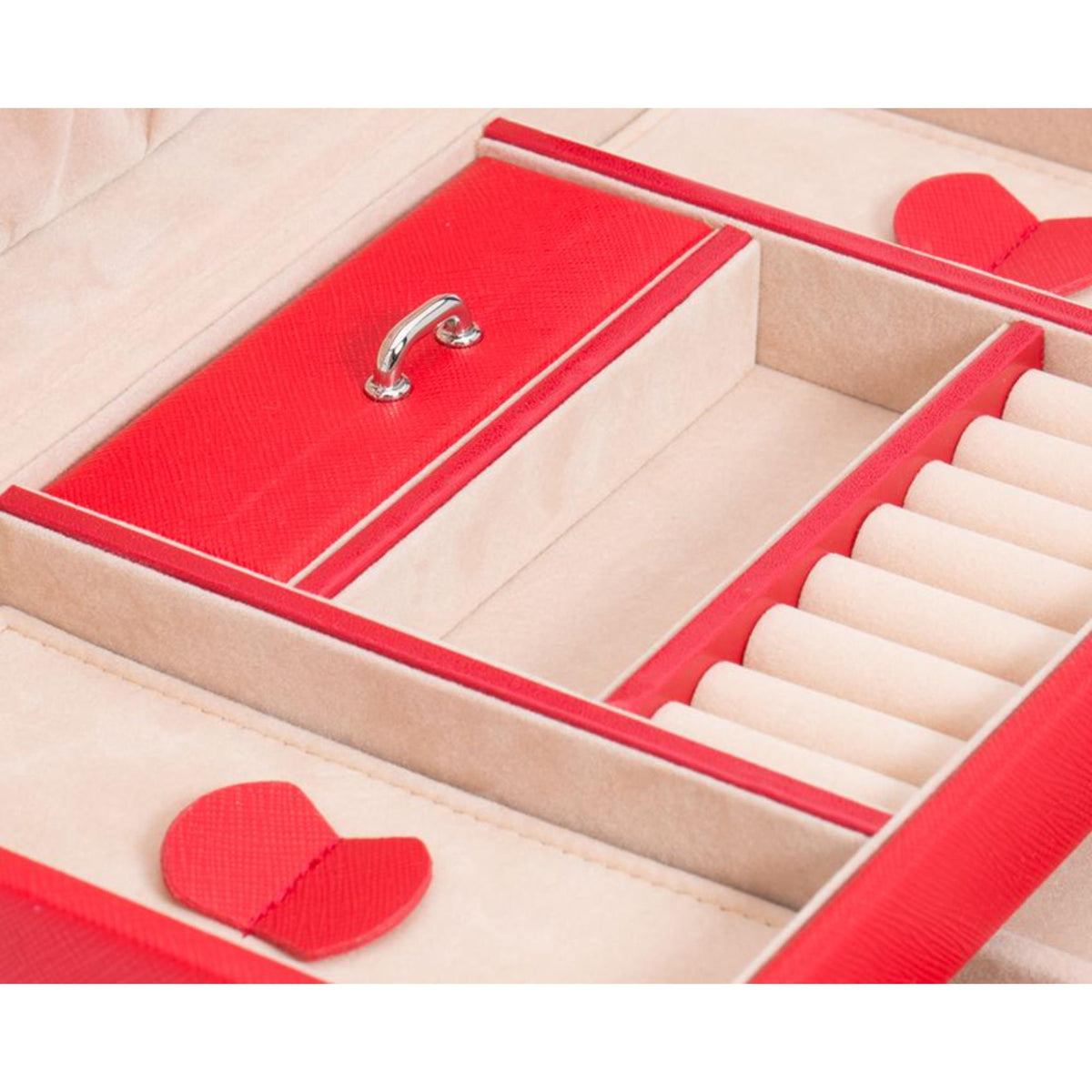 WOLF Heritage leather jewelry box open, red compartments with ring slots and heart cushion