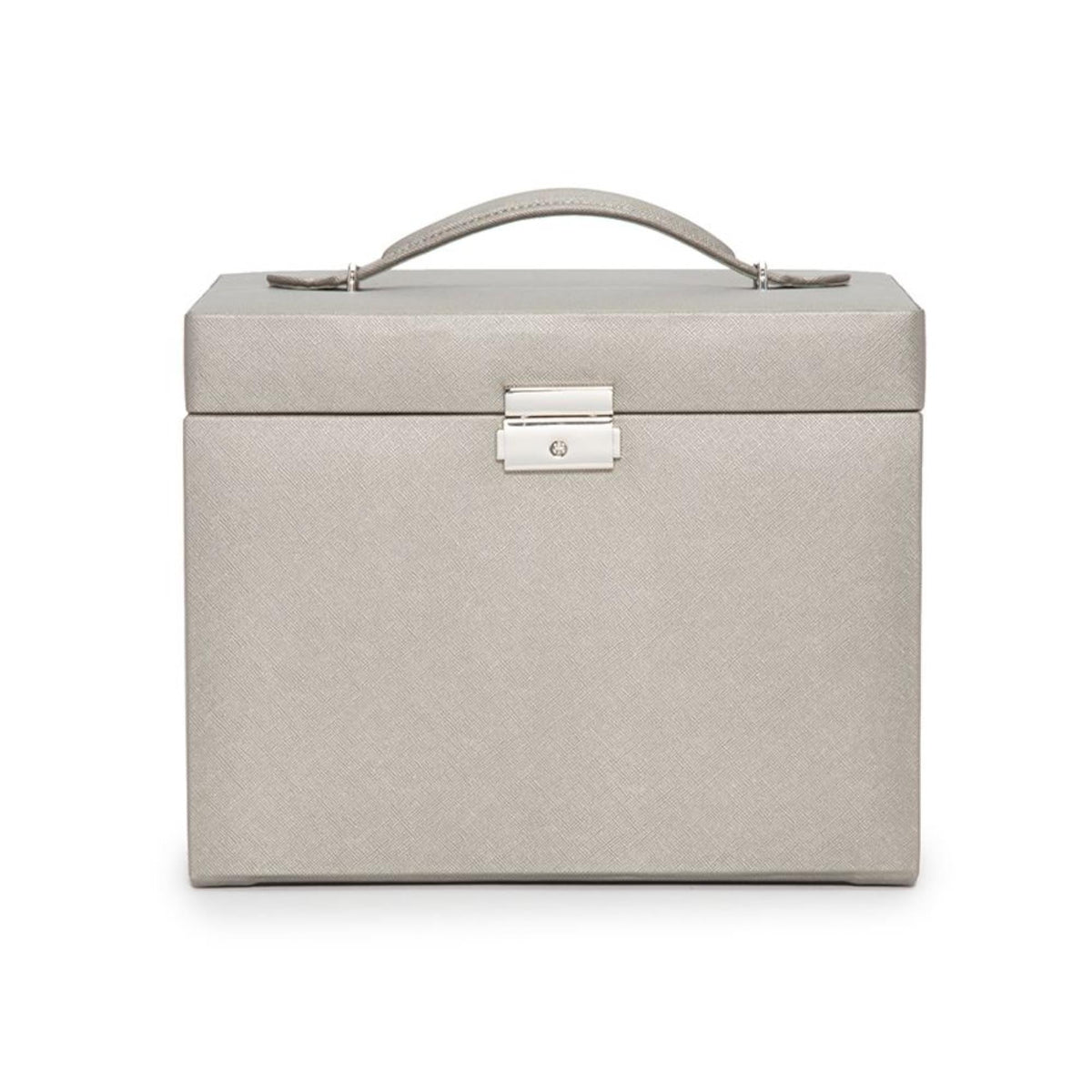 Tan leather medium jewelry box with top handle and rectangular front latch