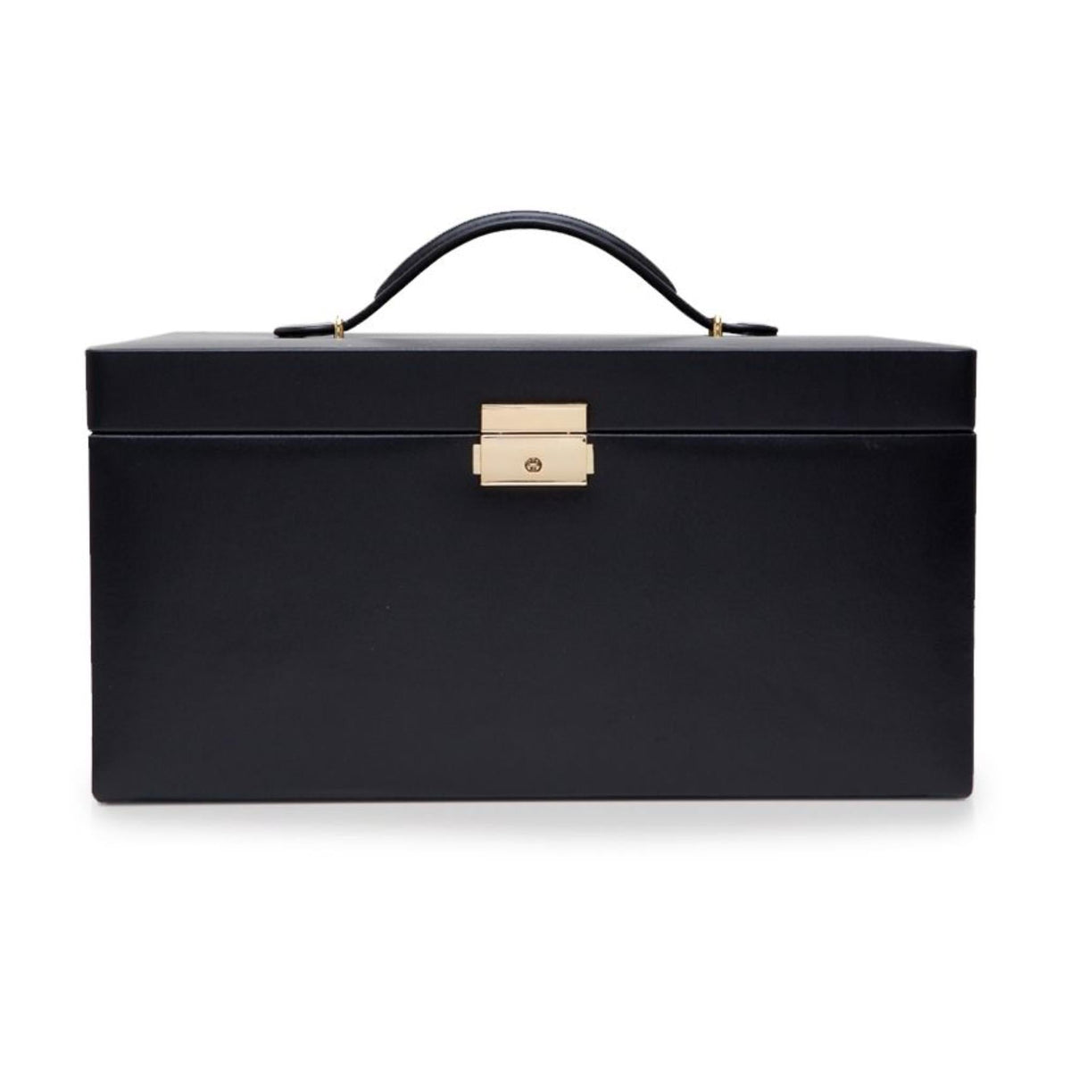 Large black leather jewelry box front view with top handle and gold-tone latch