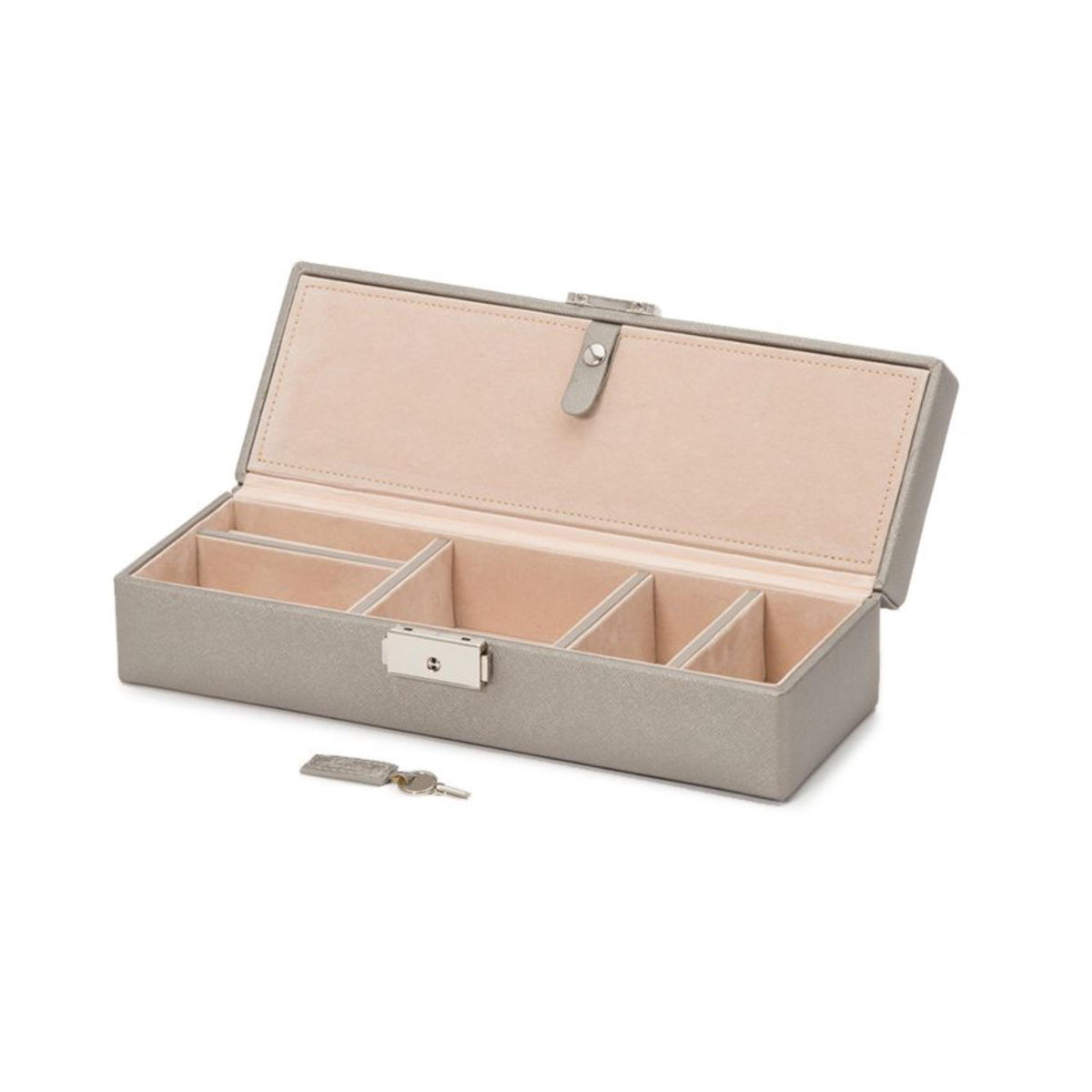 Tan-lined gray leather safe deposit box open with organizer trays and key