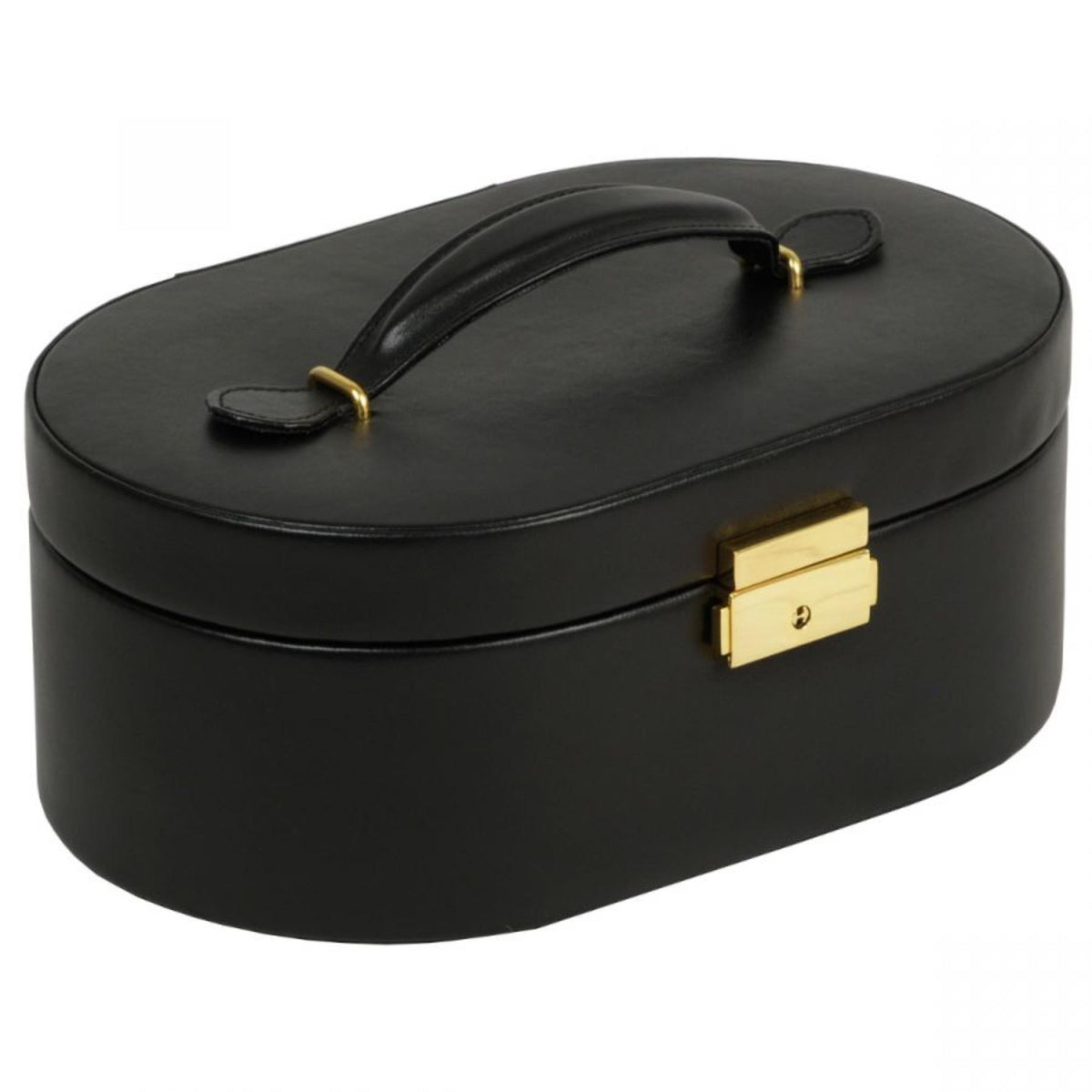 Black oval jewelry box with gold clasp and curved top handle strap.